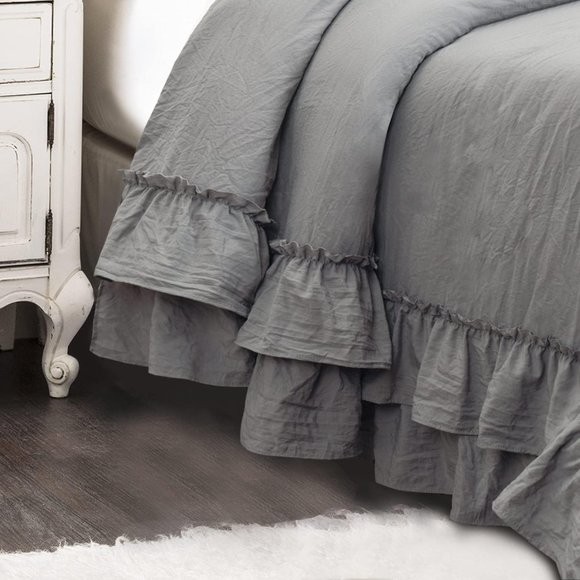 King Size Bed Comforter Set Grey Neutral Stone Washed Shabby Chic Ruffle Bedding - Picture 10 of 11